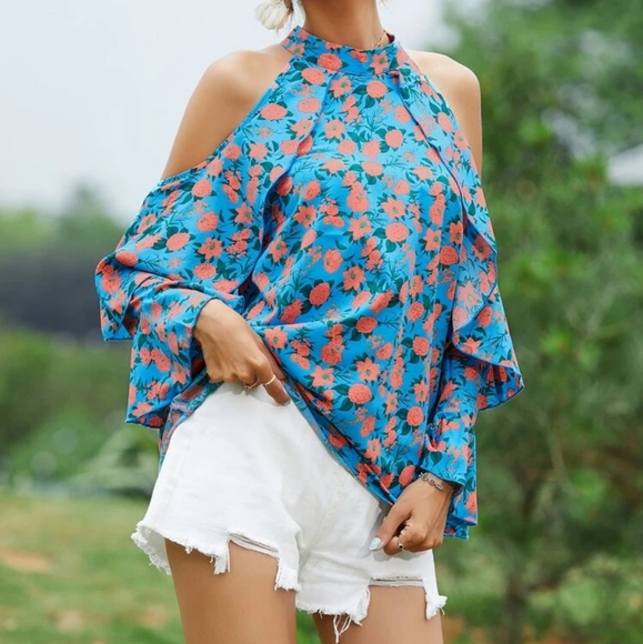Floral Print Ruffle Cold Shoulder Blouse Green Size L - Picture 9 of 14